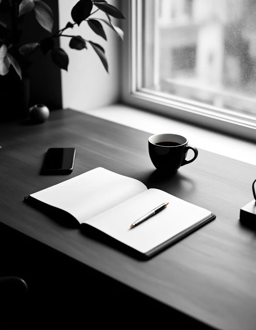 A quiet studio desk with a notebook, pen and coffee in soft light