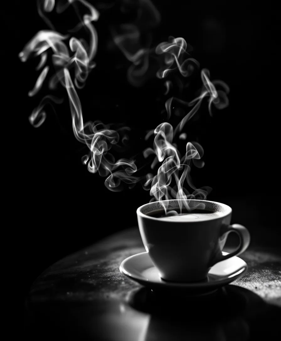 Black-and-white close-up of an espresso pour